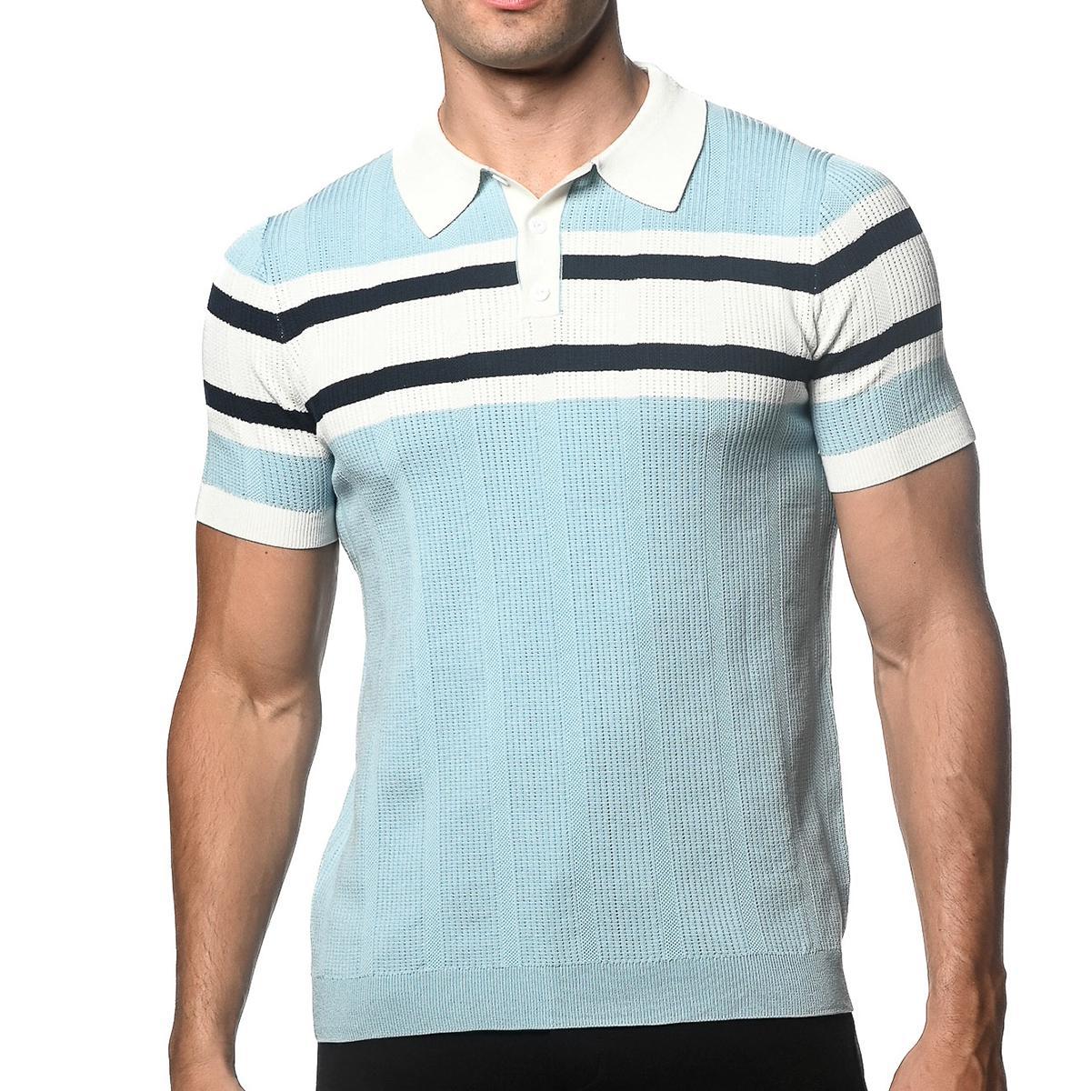 Postmarc Color Block Stripe Silk Tencel Knit Polo - Blue Smoke