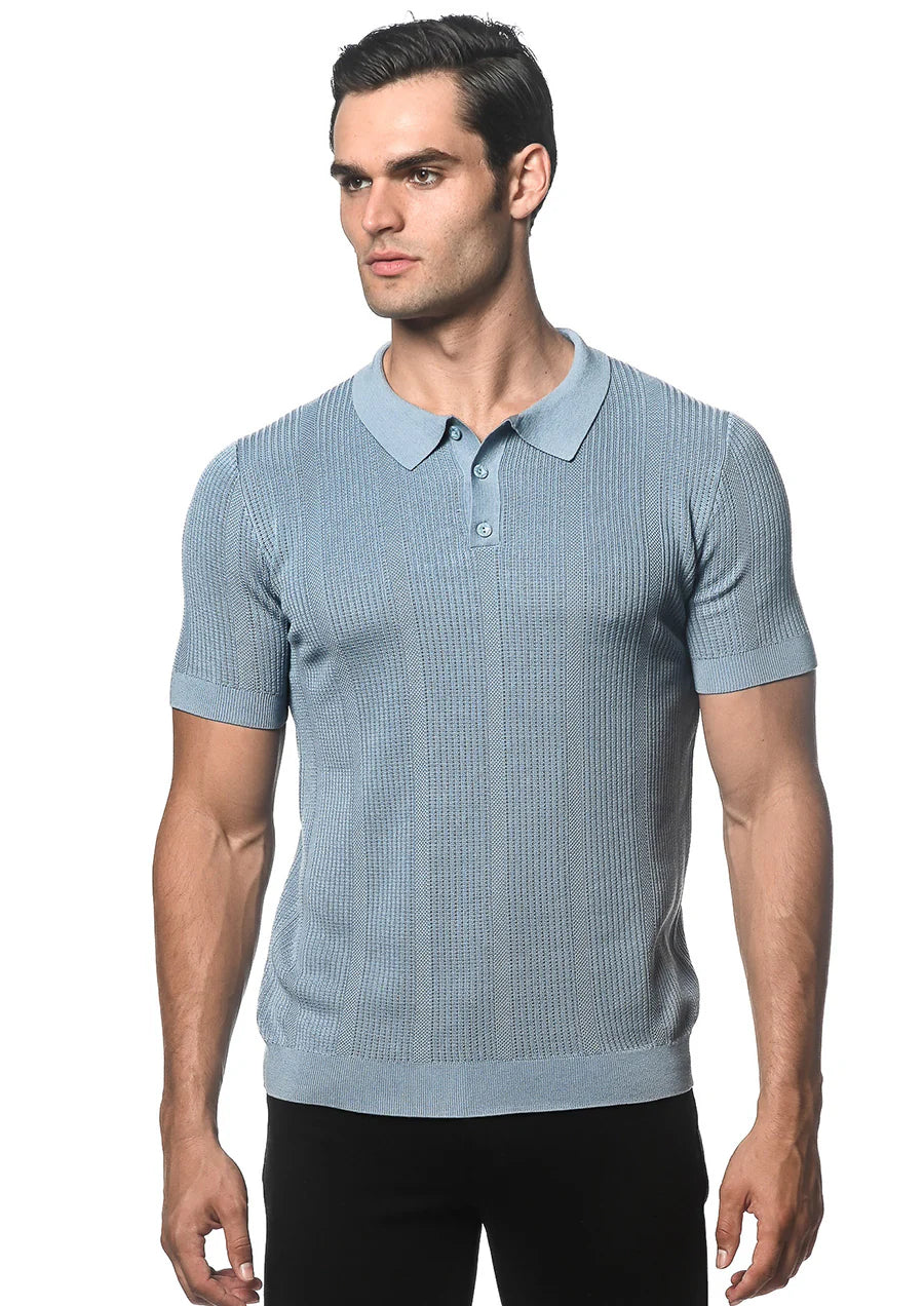 Postmarc Silk/Tencel Textured Knitted 3 Button Polo Shirt - Slate