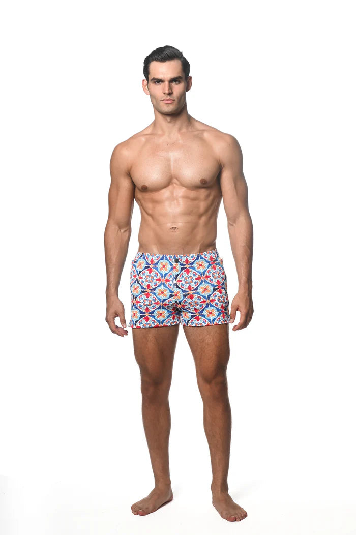 Postmarc Blue & Gold Floral Tiles Printed Seersucker Swim Short w/ Liner