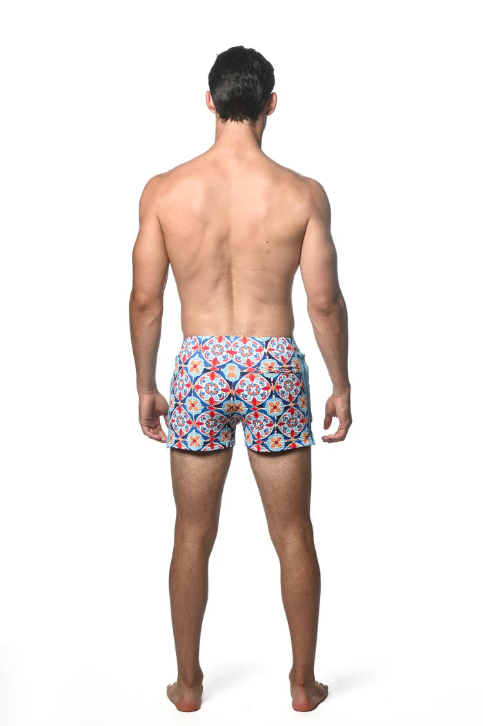 Postmarc Cobalt & Sunrise Floral Tile Seersucker Swim Shorts