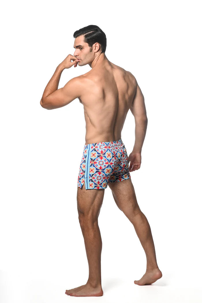 Postmarc Blue & Gold Floral Tiles Printed Seersucker Swim Short w/ Liner