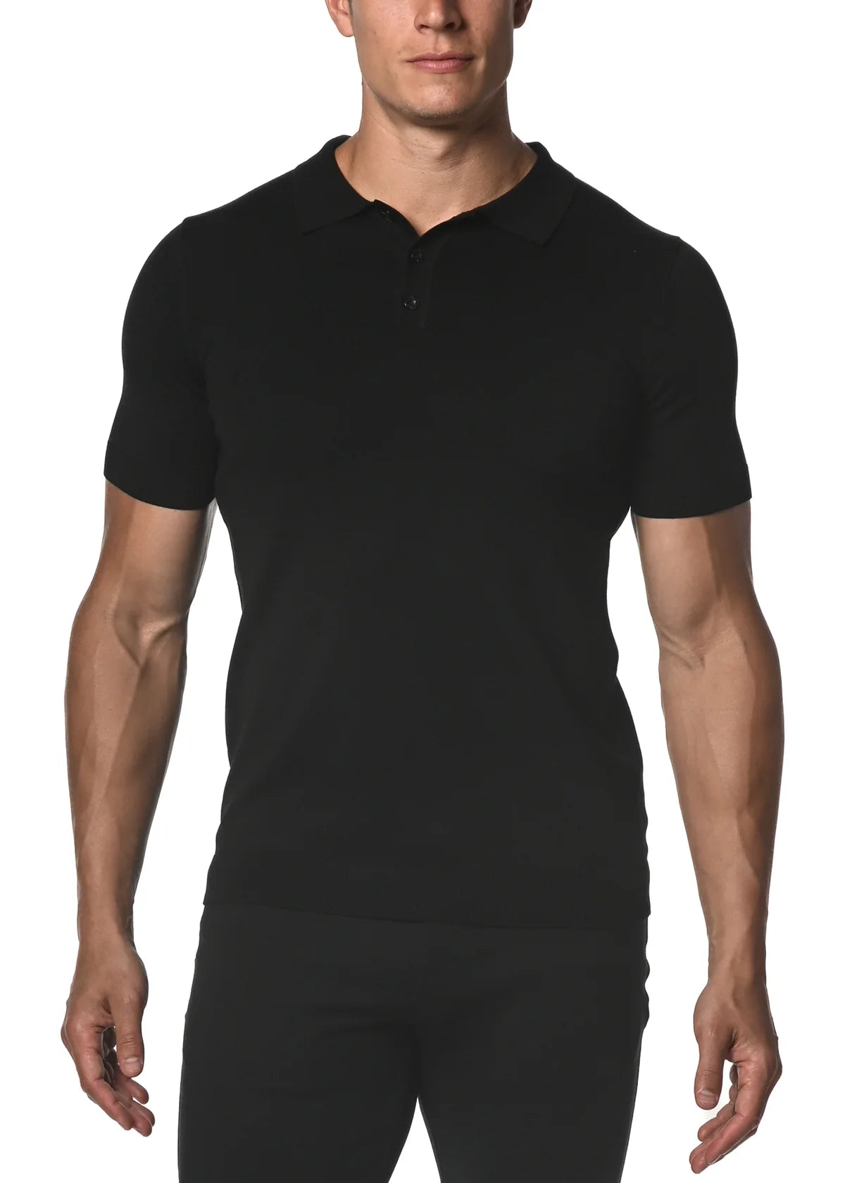 Postmarc Silk/Tencel Textured Knitted 3 Button Polo Shirt - Black