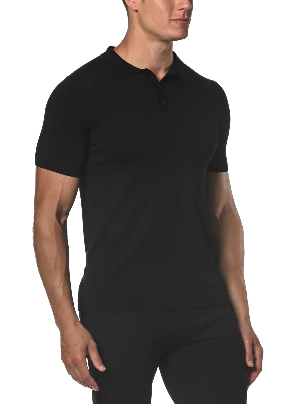 Postmarc Silk/Tencel Textured Knitted 3 Button Polo Shirt - Black