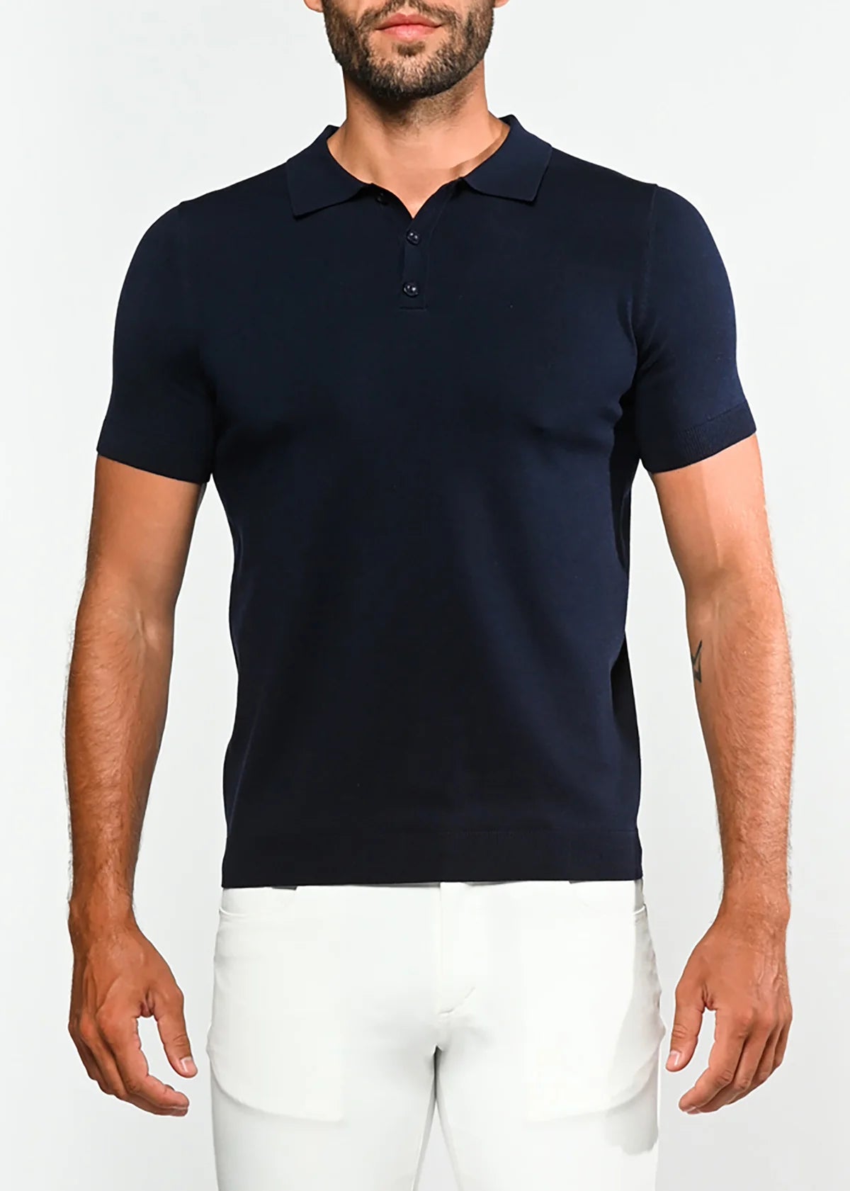 Postmarc Silk/Tencel Textured Knitted 3 Button Polo Shirt - Navy