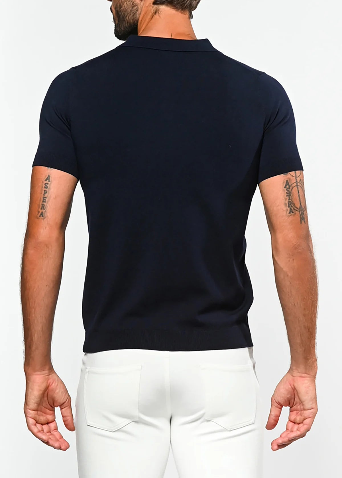 Postmarc Silk/Tencel Textured Knitted 3 Button Polo Shirt - Navy