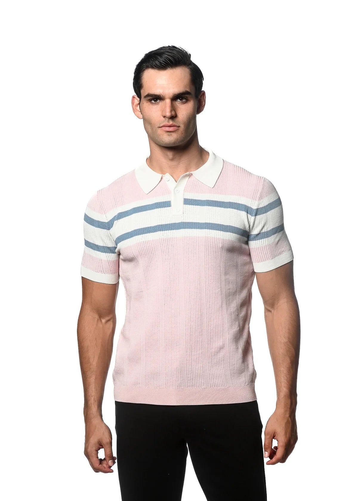 Postmarc Color Block Stripe Silk Tencel Knit Polo - Pink Mist