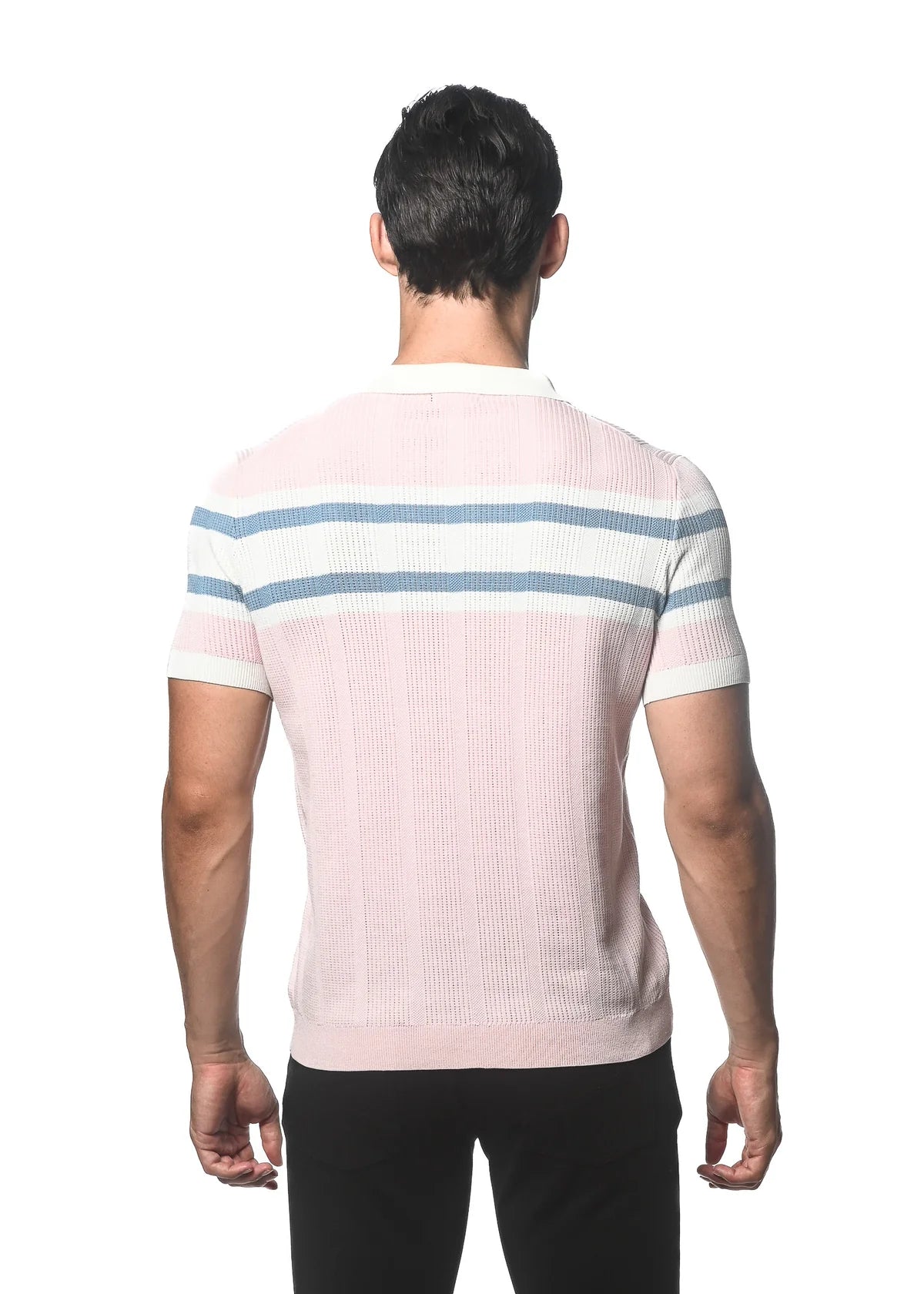 Postmarc Color Block Stripe Silk Tencel Knit Polo - Pink Mist