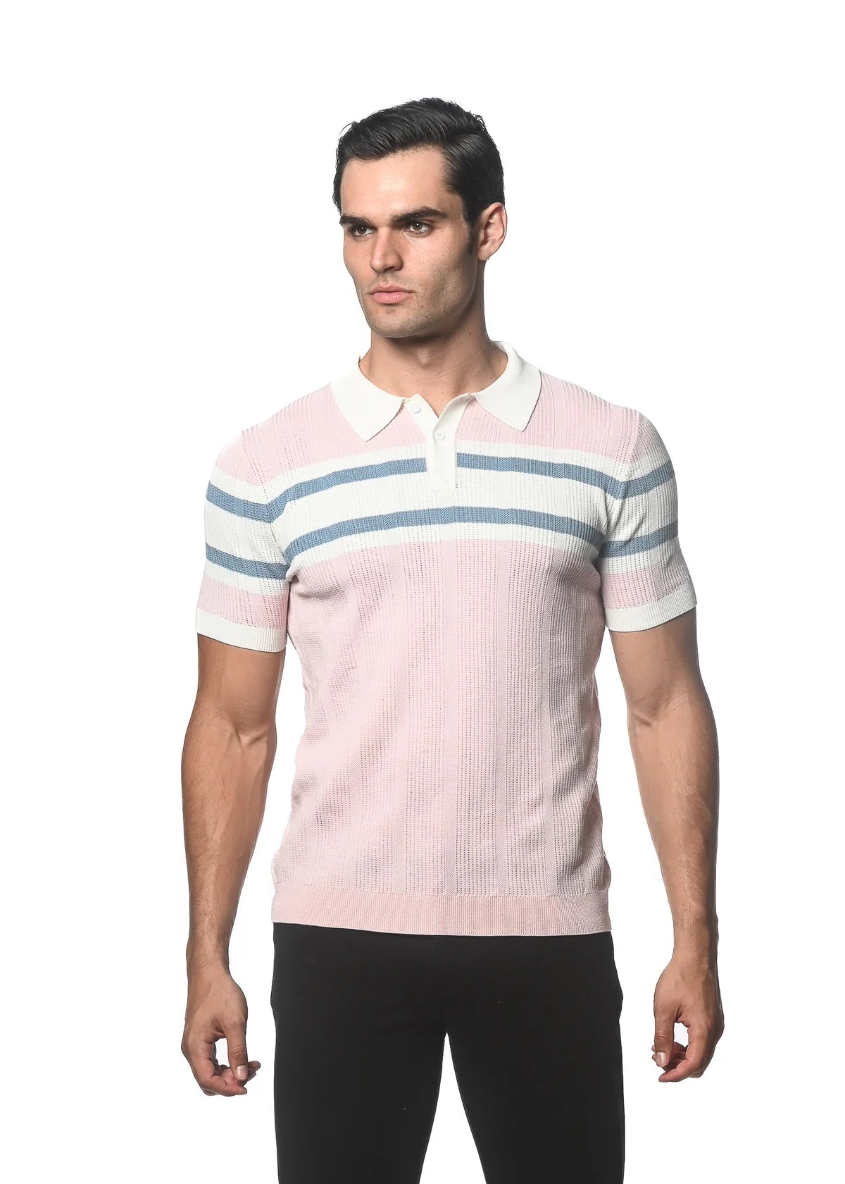 Postmarc Color Block Stripe Silk Tencel Knit Polo - Pink Mist