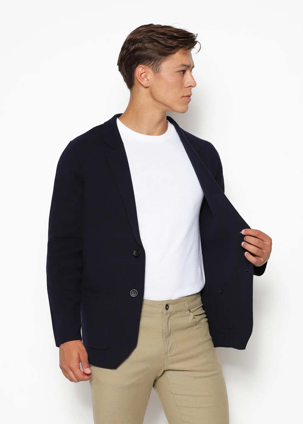 Postmarc Single Breasted Cotton Deconstructed Knitted Blazer - Navy