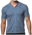 Postmarc Slate Cotton Textured Button Front Knitted Short Sleeve Shirt