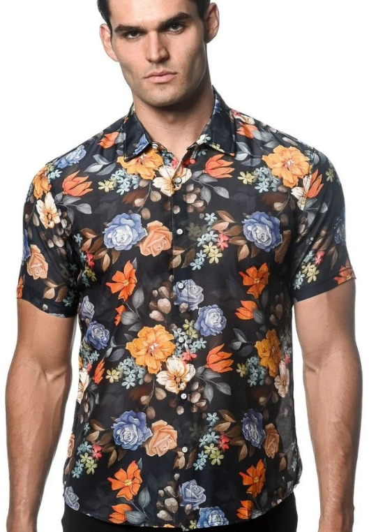 Postmarc Cotton Silk Short-Sleeve Woven Shirt - Dark Navy Floral Print