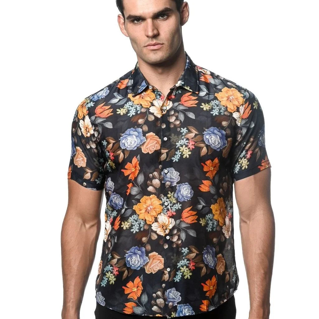 Postmarc Cotton Silk Short-Sleeve Woven Shirt - Dark Navy Floral Print